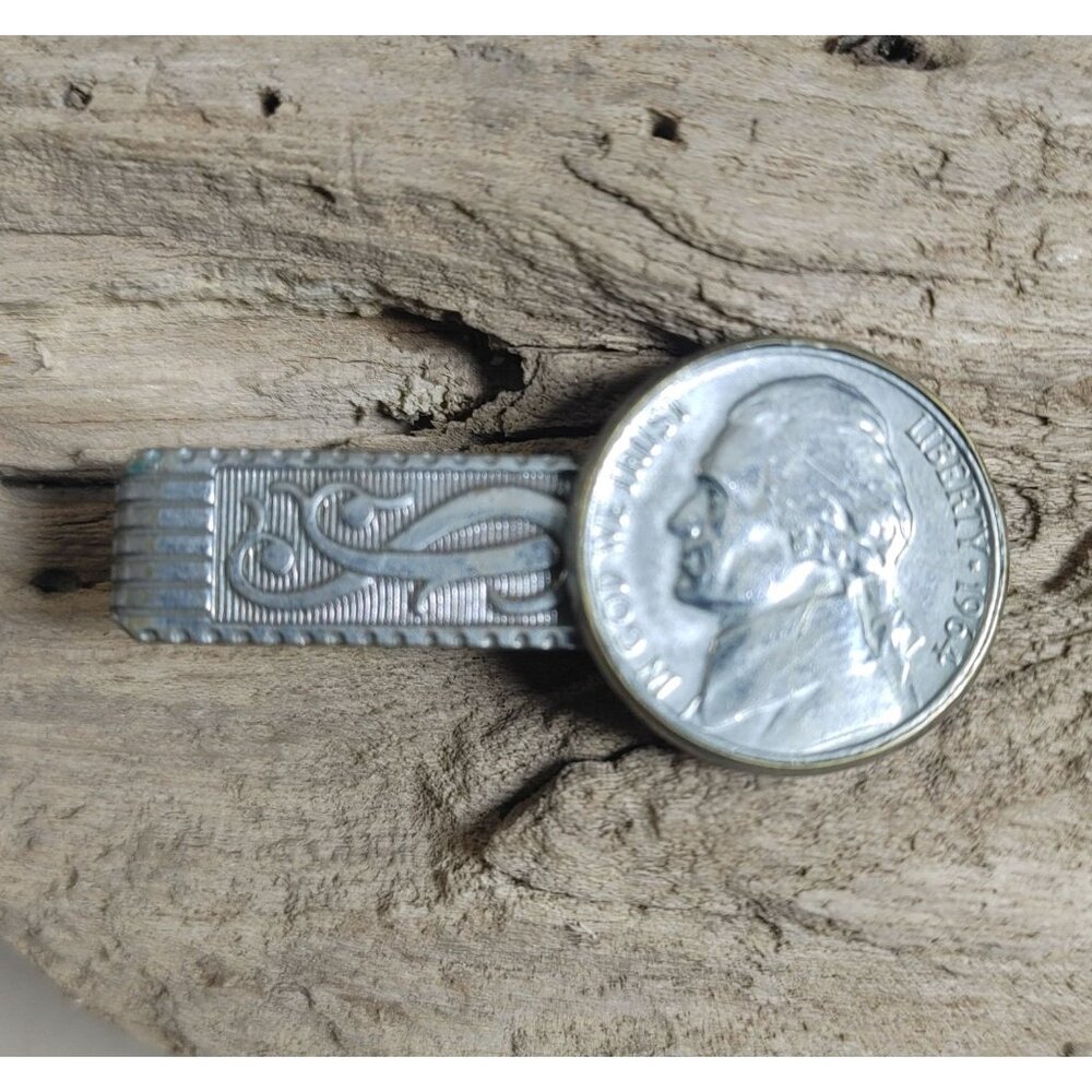1967 Nickel Coin Money Clip Ornate Silver Tone Copper Minimalist E A Adams Son